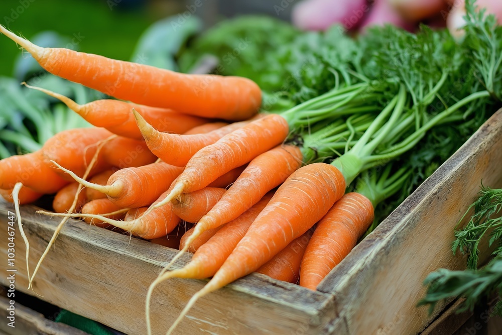 A wooden crate brimming with freshly picked, vibrant orange carrots, showcasing natural produce. A wooden crate brimming with freshly picked, vibrant orange carrots, showcasing natural produce.