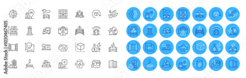 Warning briefcase, Charge battery and Paint roller line icons pack. Inventory cart, Wholesale goods, Construction building web icon. Co2, Diesel station, Warning road pictogram. Door. Vector