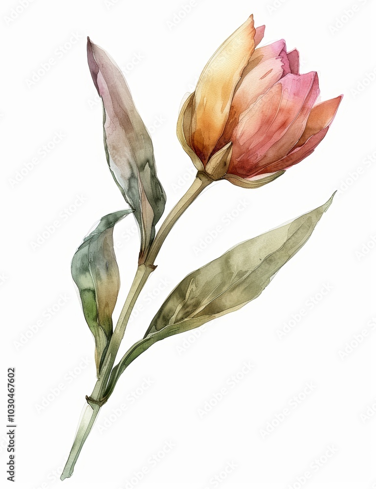 Fototapeta premium Soft Watercolor Flower Bud on White Background for Minimalist Design Generative AI