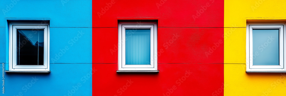 Vividly painted building wall showcasing three colorful windows, offering a lively and dynamic urban aesthetic view. Vividly painted building wall showcasing three colorful windows, offering a lively and dynamic urban aesthetic view.
