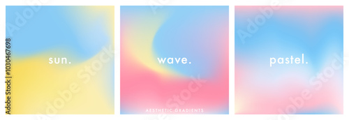 Set of 3 light multicolored square gradient background. Aesthetic. Abstract blue sky bg color vector banner. Simple soft light backdrop. Gradient template design for poster, ig, square social post