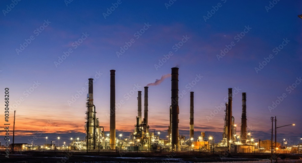 Bright sky highlighting smokestacks, creating a stark industrial scene. Bright sky highlighting smokestacks, creating a stark industrial scene.