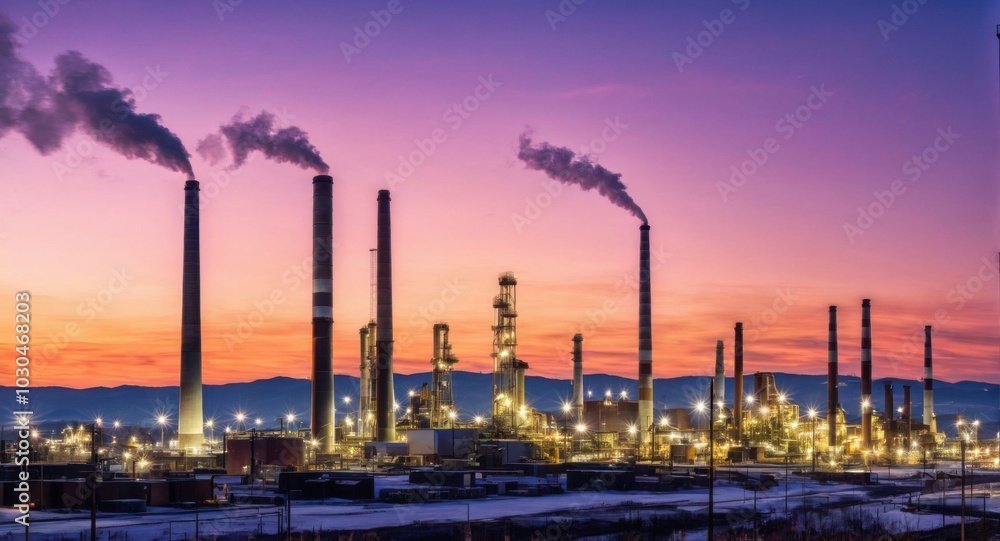 Bright sky highlighting smokestacks, creating a stark industrial scene. Bright sky highlighting smokestacks, creating a stark industrial scene.