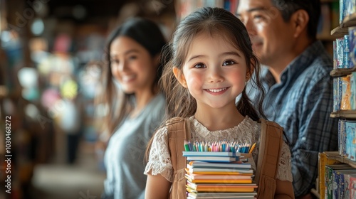 A smiling girl holds colorful books in a cozy bookstore.