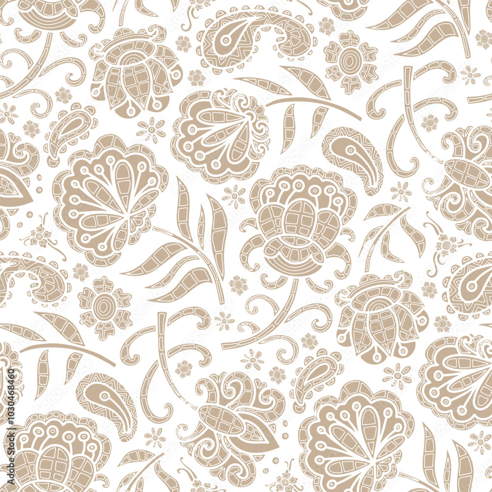 Abstract swirl flowers, paisley pattern, beige and white colours. Seamless floral pattern-445. Abstract swirl flowers, paisley pattern, beige and white colours. Seamless floral pattern-445.