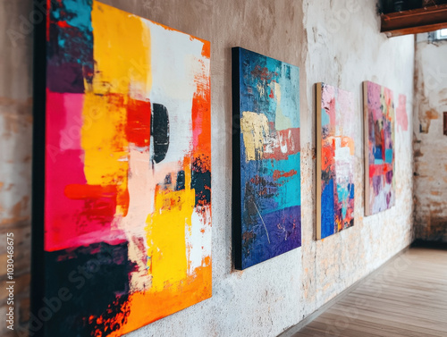 Bright and colorful modern art exhibition in a spacious gallery with polished floors