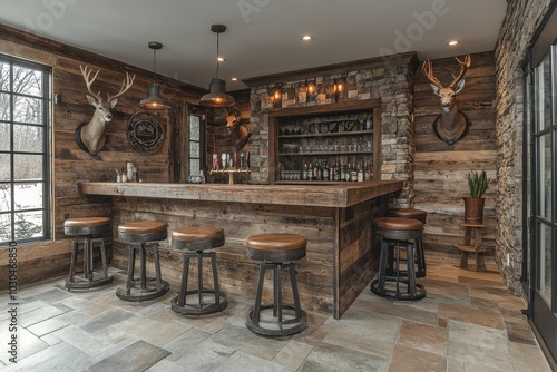 Rustic Wooden Bar with Barstools and Display Case, Deer Heads and Hunting Decor, Western-Style Interior, Cinematic Lighting
 photo