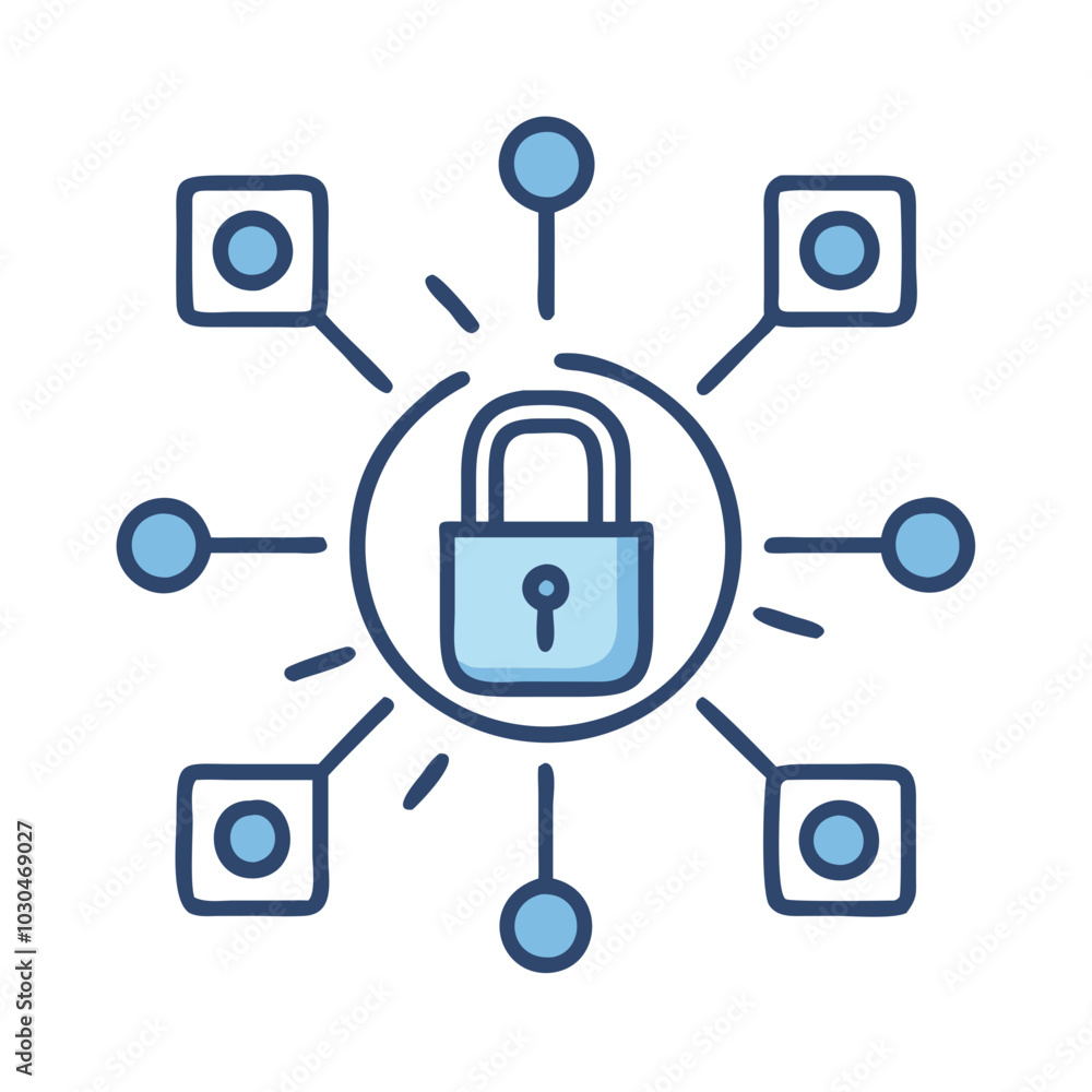 Secure connection icon with lock and network nodes in blue outline style Secure connection icon with lock and network nodes in blue outline style