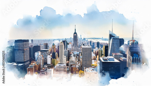 Watercolor cityscape, city skyline, architecture. Americ, New York urban energy. Business and travel photo