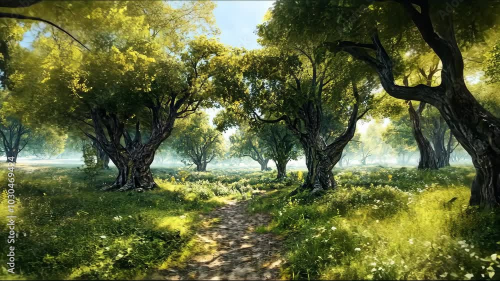 A dirt path winds through a grove of trees on a bright, sunny day A dirt path winds through a grove of trees on a bright, sunny day