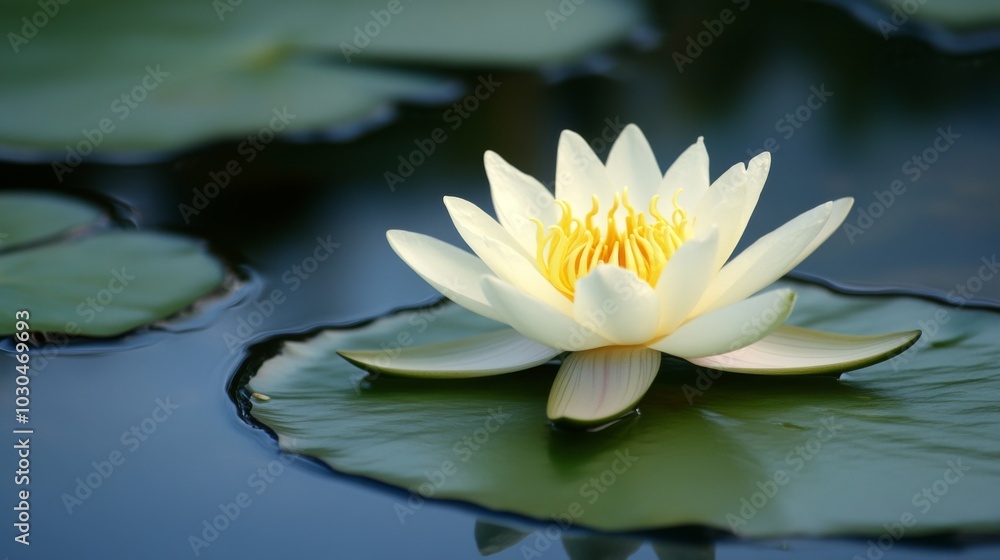 Delicate Yellow Lotus Blossom on Calm Water Surface Delicate Yellow Lotus Blossom on Calm Water Surface