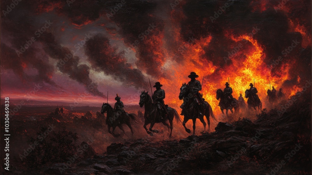 Fototapeta premium Silhouettes of Horsemen Riding Through Fire and Smoke