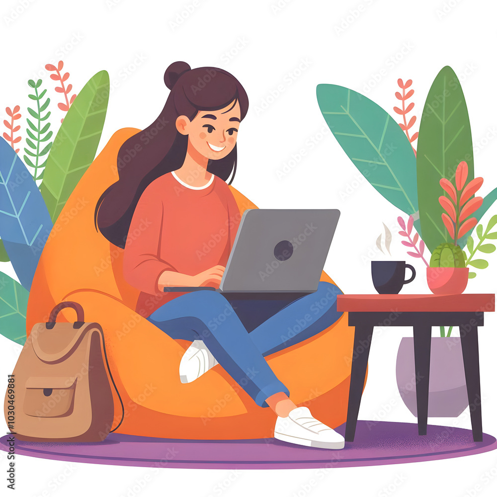 Young woman working from home sitting on beanbag chair using laptop Young woman working from home sitting on beanbag chair using laptop