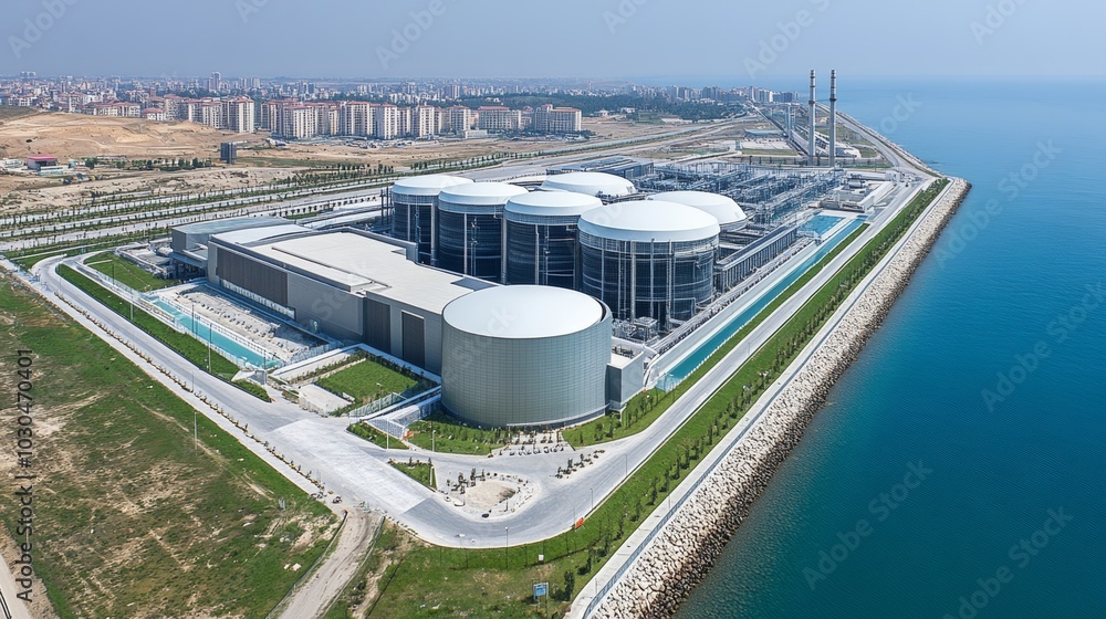 Obraz premium Aerial View of Modern Industrial Complex on Coastline with Large Storage Tanks