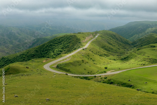 Winding road through green hills under cloudy skies in Nagorno Karabakh, capturing nature's tranquility and scenic beauty photo