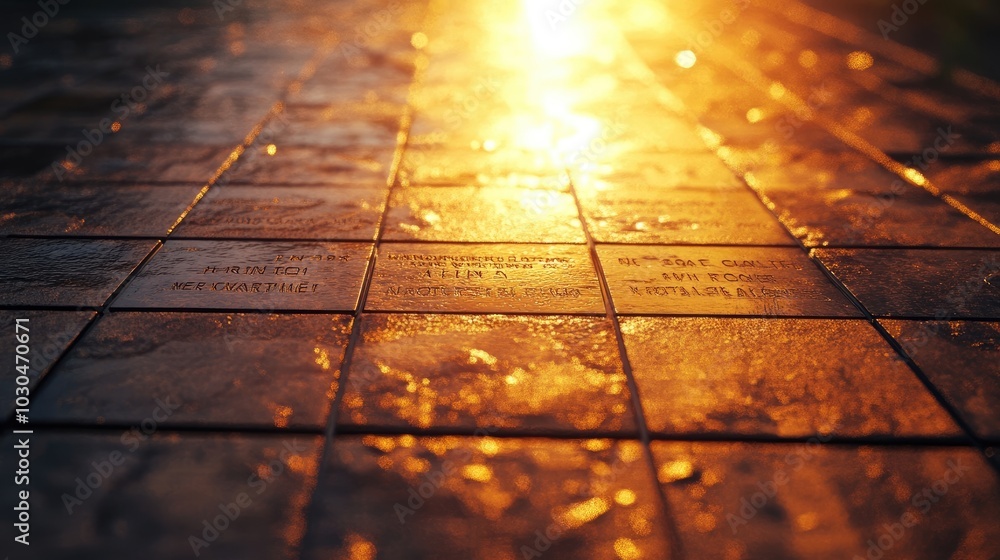 An engraved plaque dedicated to fallen soldiers, highlighted by the soft glow of sunset reflecting off the surface An engraved plaque dedicated to fallen soldiers, highlighted by the soft glow of sunset reflecting off the surface