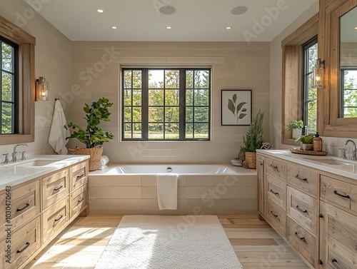 Wallpaper Mural contemporary bathroom with pale colors and wooden accents, exuding a fresh and clean aesthetic, showcasing a modern farmhouse style that invites relaxation and comfort Torontodigital.ca