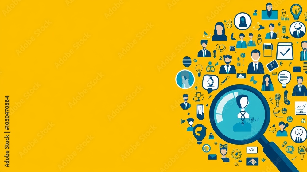 Fototapeta premium Magnifying Glass Searching for Employees Among People Icons