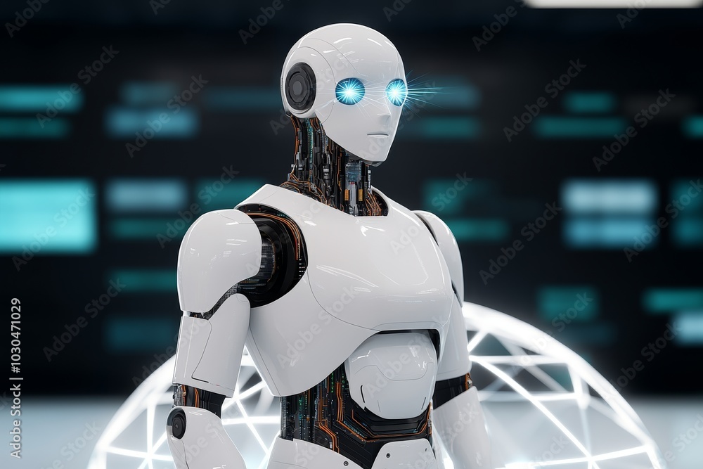 A futuristic robotic guardian scans with beams of light radiating from its eyes for protection A futuristic robotic guardian scans with beams of light radiating from its eyes for protection