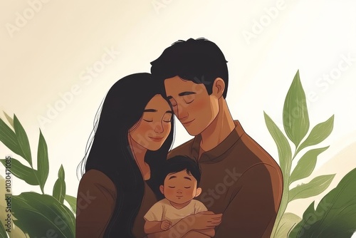 Father embracing child symbolizing love protection and family connection in a soft nature inspired illustration with warm tones and gentle facial expressions