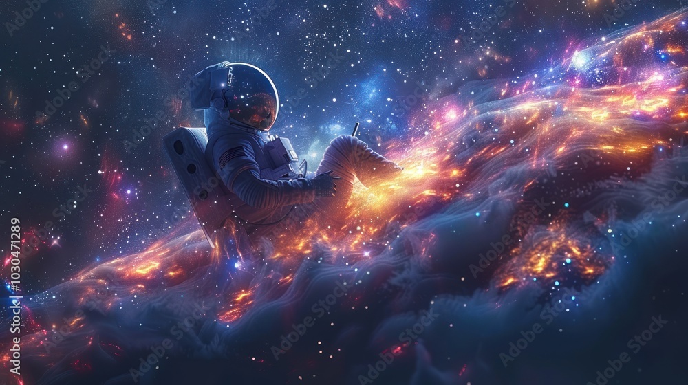 An astronaut floats through a vibrant cosmic nebula, immersed in the wonders of outer space's beauty. Generative AI An astronaut floats through a vibrant cosmic nebula, immersed in the wonders of outer space's beauty. Generative AI