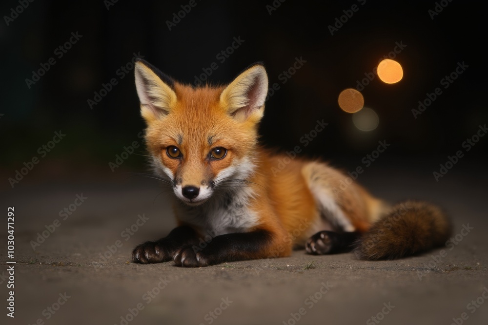 Fototapeta premium Close-up portrait of a young red fox lying on the ground at night