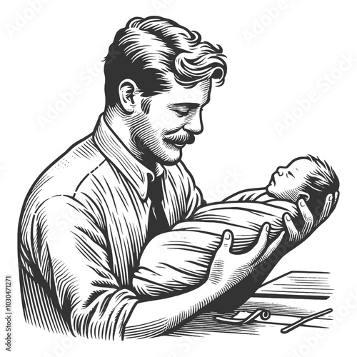smiling father in a suit cradling his newborn baby, representing paternal love, care, and family bond sketch engraving generative ai vector illustration. Scratch board imitation. Black and white image