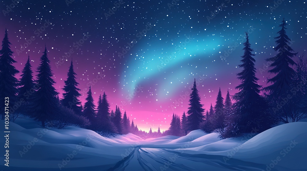 Fantasy landscape with aurora borealis in the night sky illustration Fantasy landscape with aurora borealis in the night sky illustration