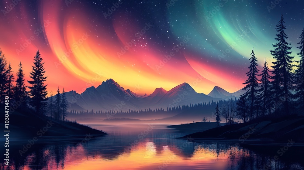 Fantasy landscape with aurora borealis in the night sky illustration Fantasy landscape with aurora borealis in the night sky illustration