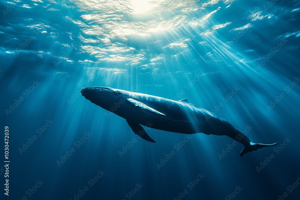 A whale is swimming in the ocean with the sun shining on it. The scene is peaceful and serene A whale is swimming in the ocean with the sun shining on it. The scene is peaceful and serene