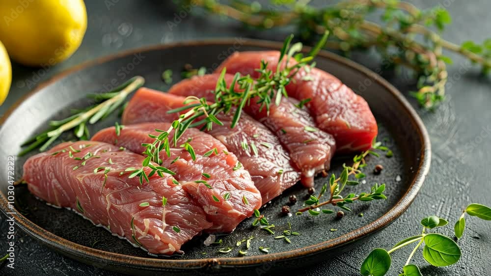 Raw meat with herbs on a plate Raw meat with herbs on a plate