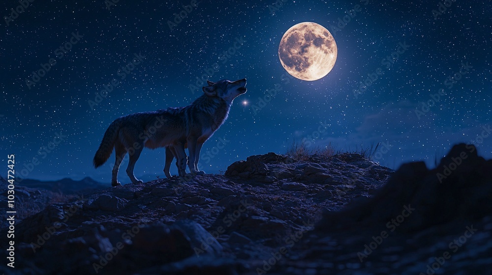 Majestic Wolves Howling at the Full Moon on a Starry Night Majestic Wolves Howling at the Full Moon on a Starry Night