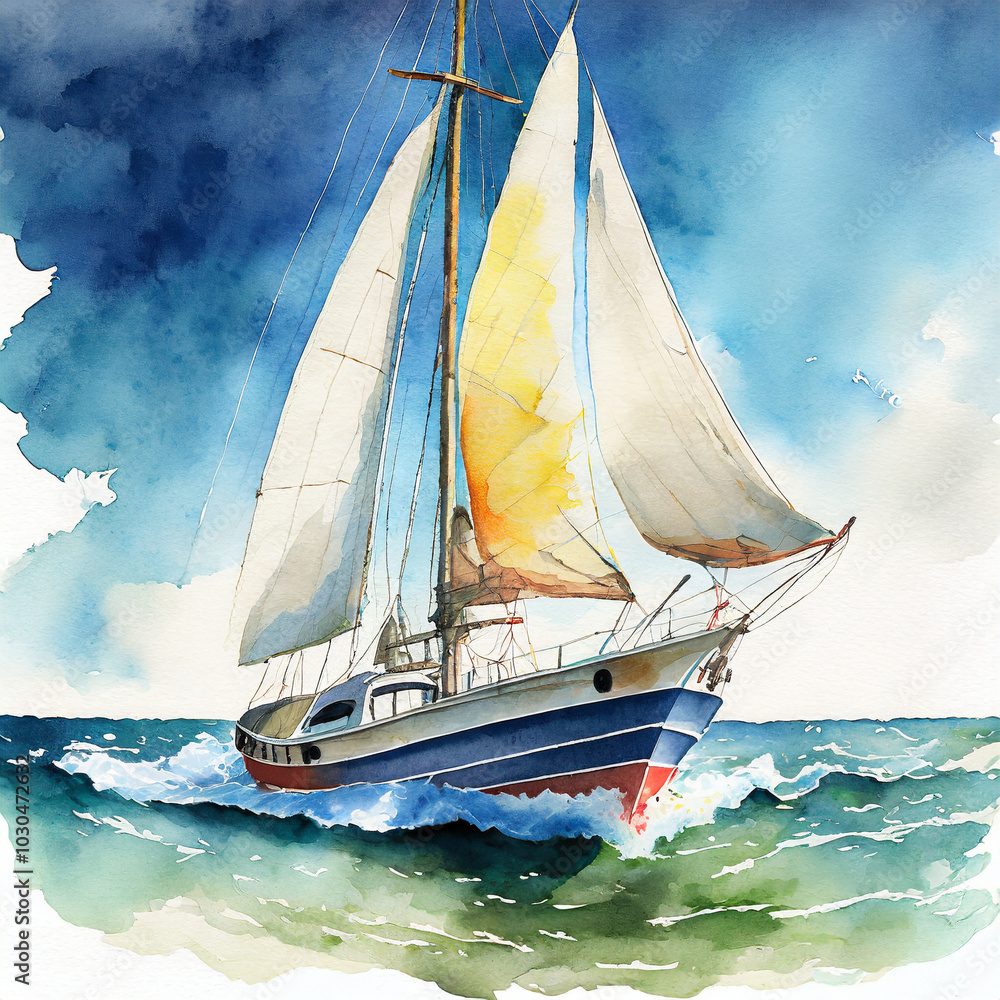 Fototapeta premium Watercolor sailboat in ocean waves. Yacht adventure mood. Luxury travel and tourism. Summer vacation