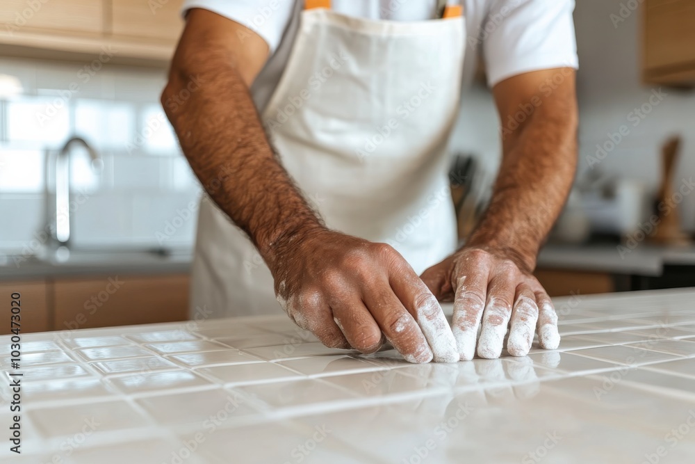 A person efficiently tiles a kitchen countertop, meticulously arranging each tile to ensure perfect alignment and a professional finish in a modern home setting. A person efficiently tiles a kitchen countertop, meticulously arranging each tile to ensure perfect alignment and a professional finish in a modern home setting.