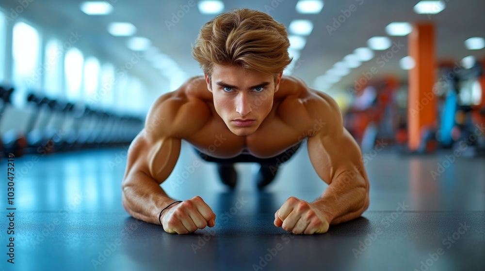 Fototapeta premium Muscular Man Doing Plank Exercise in Gym