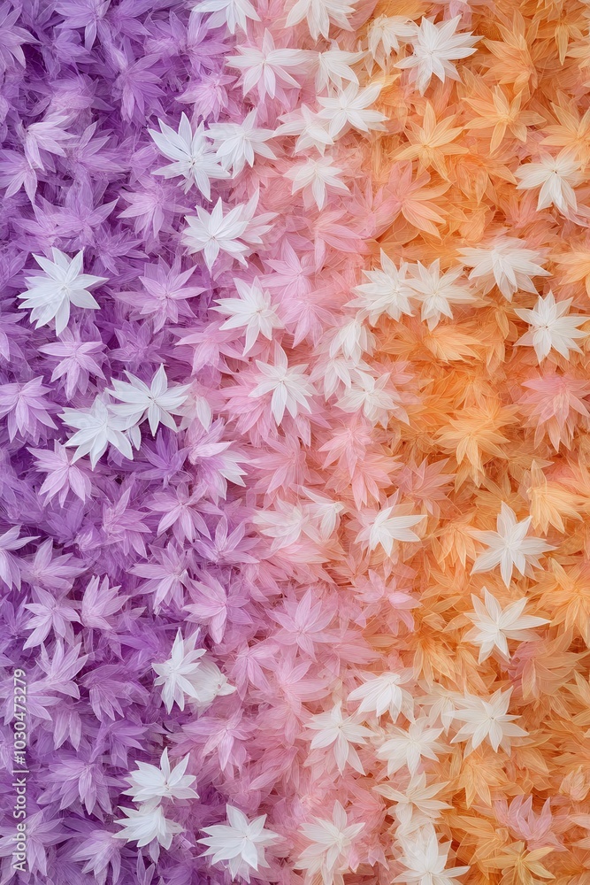 A gradient of pastel colors from purple to white to orange, created with a wall of delicate, paper leaves. A gradient of pastel colors from purple to white to orange, created with a wall of delicate, paper leaves.