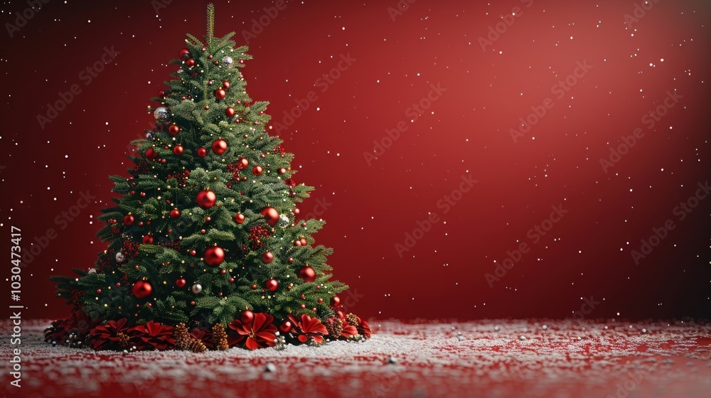A beautifully decorated Christmas tree adorned with red ornaments and surrounded by artificial snowflakes. Generative AI A beautifully decorated Christmas tree adorned with red ornaments and surrounded by artificial snowflakes. Generative AI