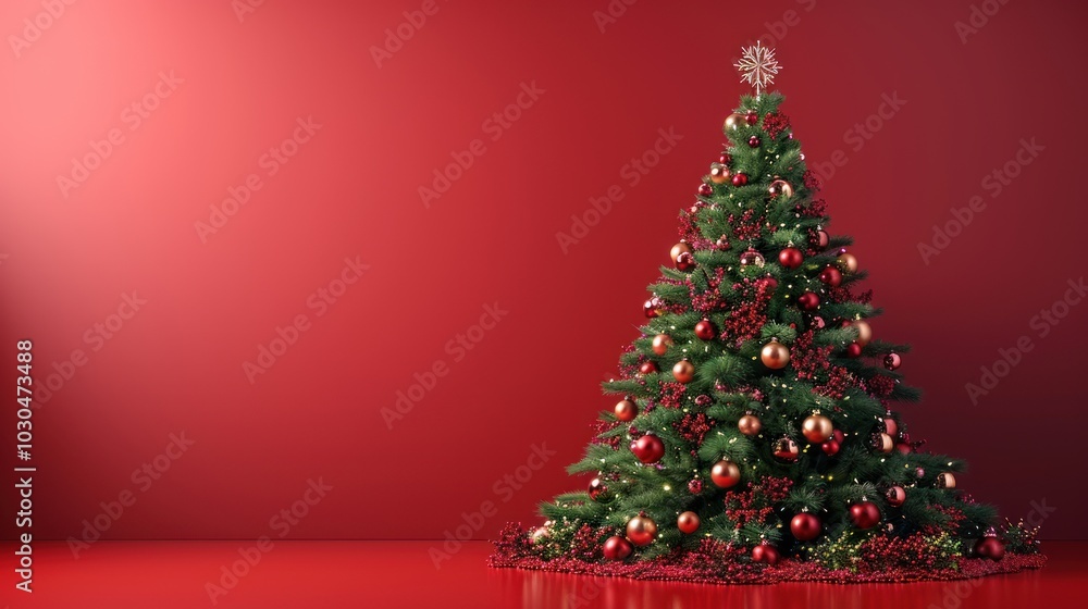 A beautifully decorated Christmas tree glowing against a rich red background during the festive season. Generative AI A beautifully decorated Christmas tree glowing against a rich red background during the festive season. Generative AI