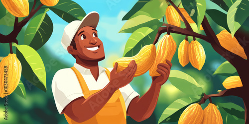 Illustration of a smiling farmer picking yellow cocoa pods from cacao trees in a lush plantation. Vibrant cartoon-style artwork with green foliage and blue sky background. Agricultural and cocoa farm. photo