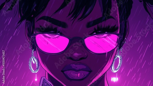 Stylish Woman with Pink Glasses and Earrings in Purple Rain