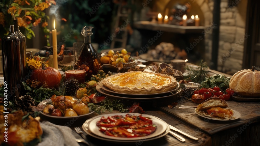 Festive table spread with roasted vegetables, pies, and autumn foliage Festive table spread with roasted vegetables, pies, and autumn foliage
