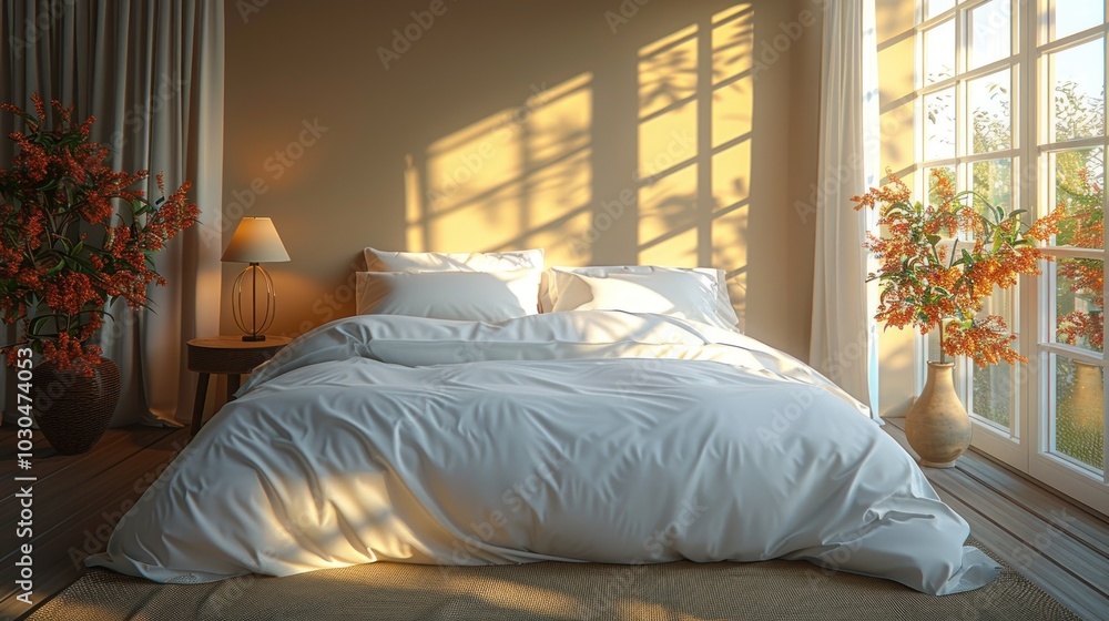 Fototapeta premium A serene bedroom bathed in warm sunlight with blooming flowers by the window in a peaceful setting. Generative AI