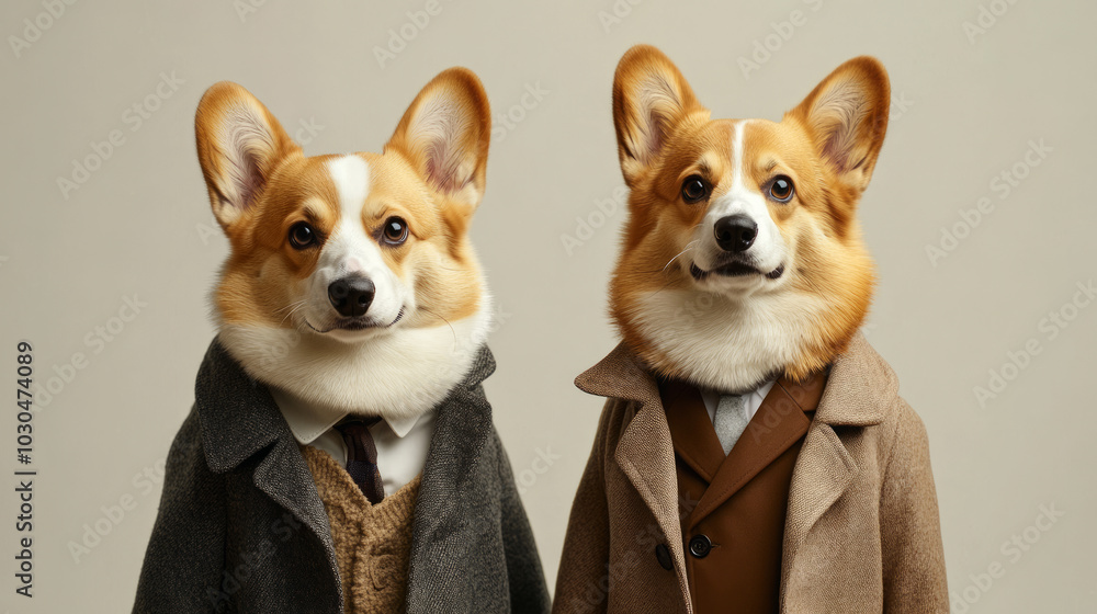 Two corgis dressed in formal coats and ties posing in a studio portrait. Anthropomorphic dog illustration with neutral background. Fashion and humor concept. Design for poster, greeting card, banner. Two corgis dressed in formal coats and ties posing in a studio portrait. Anthropomorphic dog illustration with neutral background. Fashion and humor concept. Design for poster, greeting card, banner.