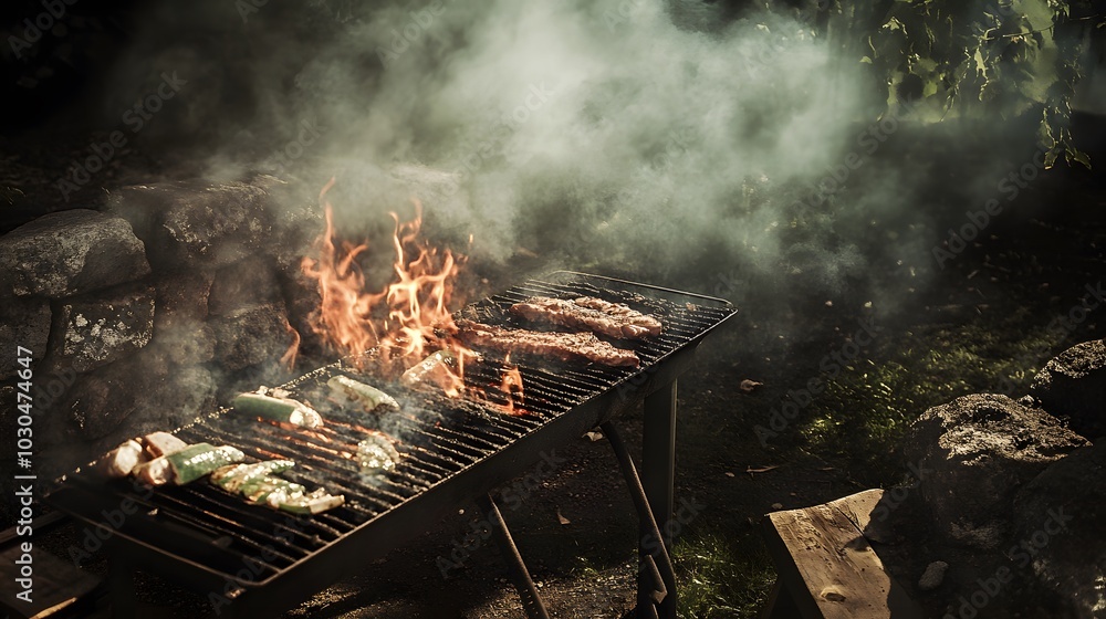 Meat and vegetables are cooking on a grill with flames and smoke. Meat and vegetables are cooking on a grill with flames and smoke.