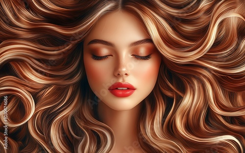 Close-up portrait of a beautiful woman with long, flowing, wavy, brown and blonde hair with eyes closed.