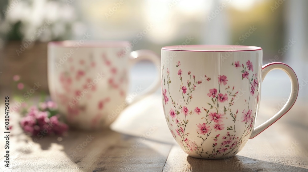 Fototapeta premium Handcrafted ceramic mugs with a subtle floral design, neatly packaged