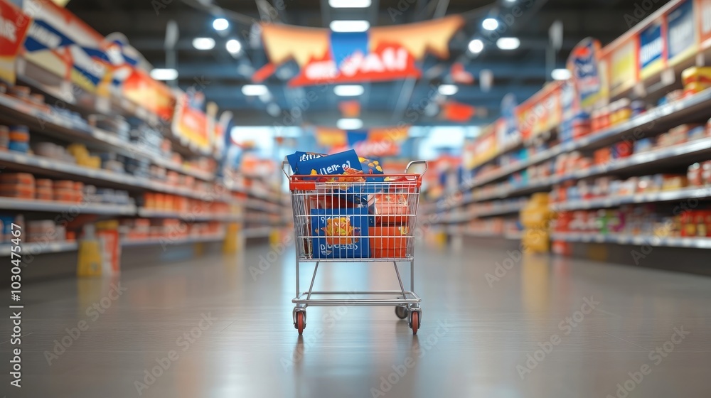 Shopping cart filled with items under Memorial Day sale banners in a large store Shopping cart filled with items under Memorial Day sale banners in a large store