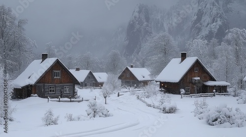 Snowy Mountain Cabin Village Winter Landscape