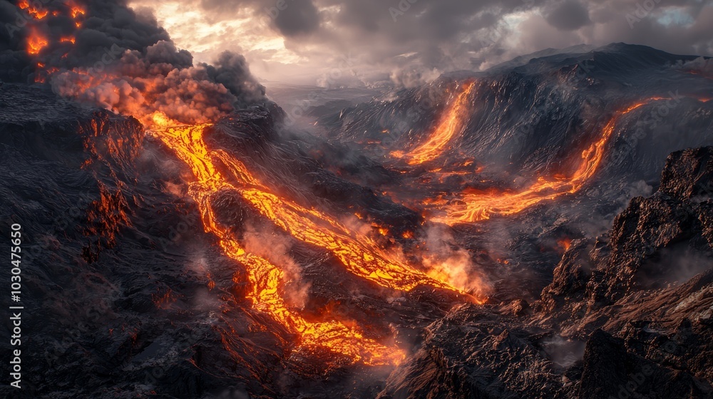 Dramatic Volcanic Landscape with Lava Flow and Rugged Terrain, Perfect for Environmental or Natural Disaster Concepts Generative AI