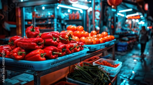 Red Bell Peppers and Oranges on Display at a Market Stall